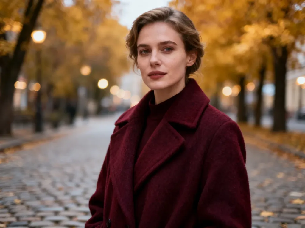 Elegancka kobieta w burgundowym płaszczu wełnianym na tle jesiennej ulicy, prezentująca szykowną stylizację w kolorze wina.