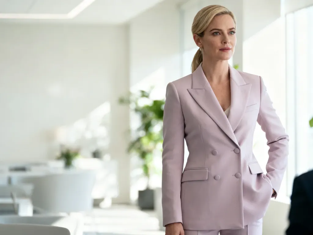 Kobieta w eleganckim, pastelowym garniturze damskim, prezentująca profesjonalny i nowoczesny styl w biurowym wnętrzu.