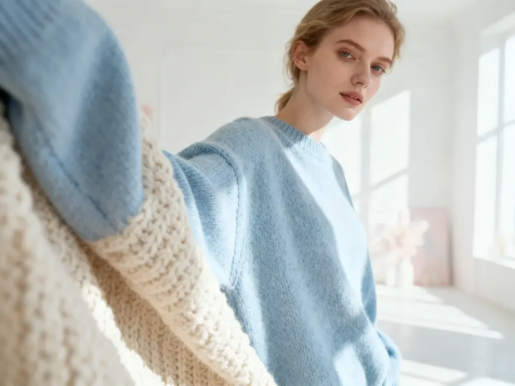 Kobieta w oversizowym swetrze w kolorze baby blue w jasnym, minimalistycznym wnętrzu. Stylizacja prezentująca pastelowy trend.