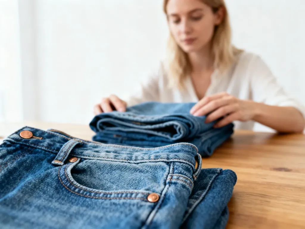 Zbliżenie na fakturę granatowego denimu z miedzianymi nitami oraz osoba składająca jeansy na drewnianym stole.
