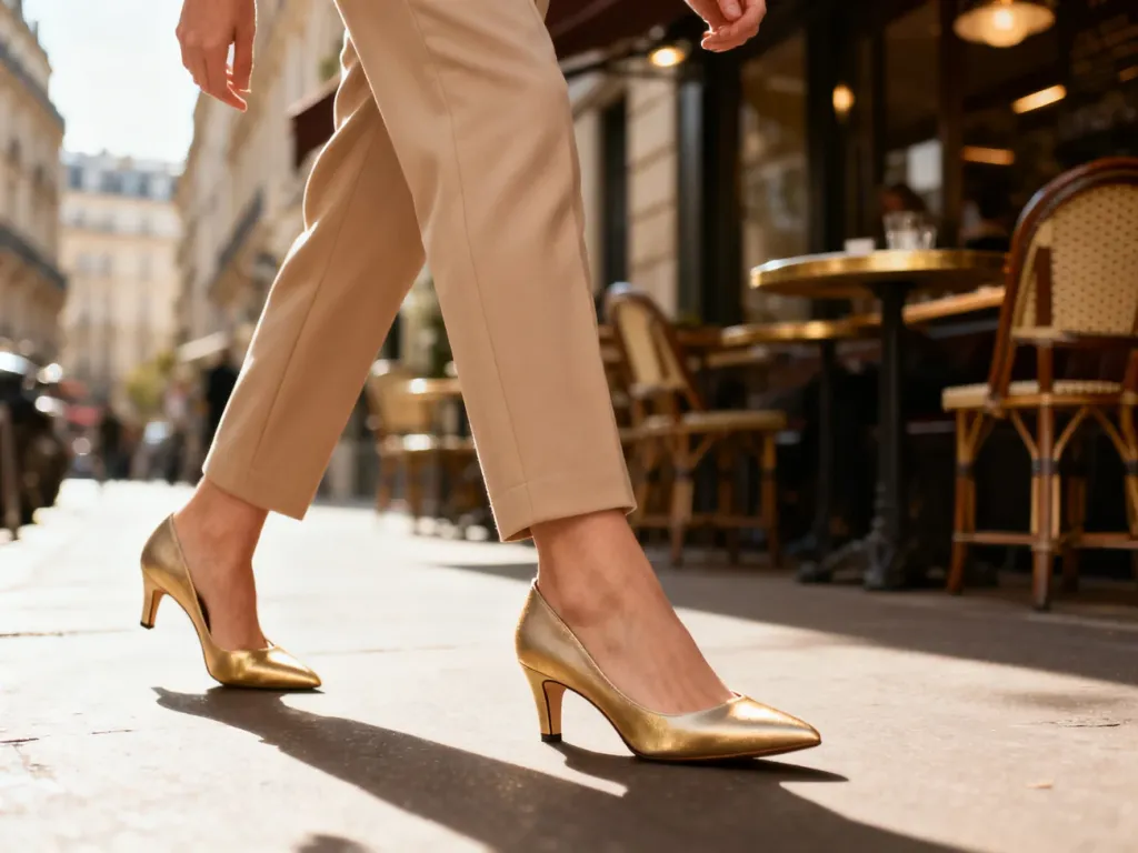 Eleganckie czółenka typu kitten heels na stopach kobiety spacerującej po słonecznej paryskiej ulicy.